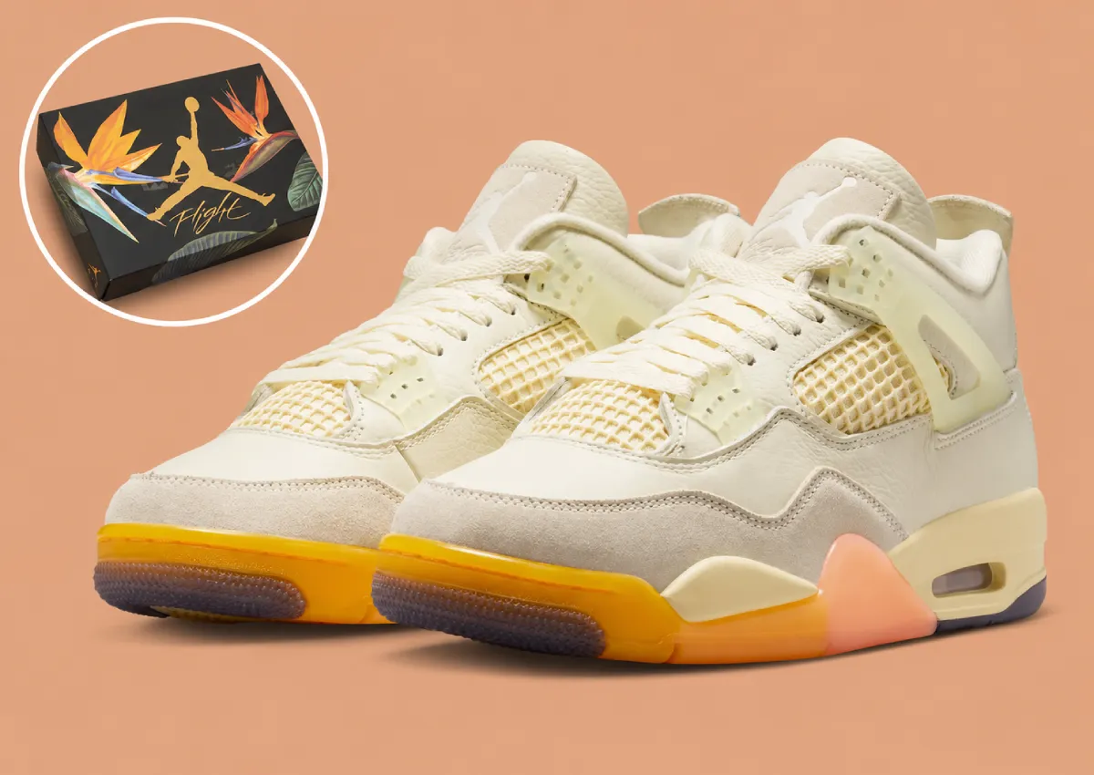 Air Jordan 4 Birds of Paradise, vue studio du coloris tropical