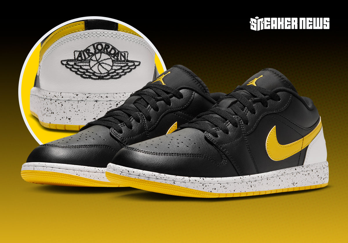 Air Jordan 1 Low Tour Yellow, empeigne noire et semelle blanche mouchetee de noir