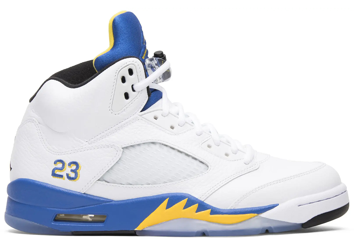Détail de la Air Jordan 5 Laney version 2013, blanc, bleu royal et jaune maize