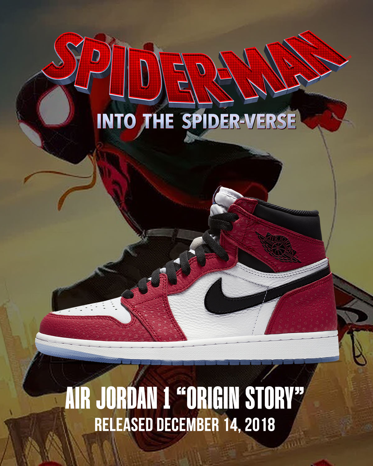 Air Jordan 1 High OG Origin Story de 2018 devant l’affiche de Spider-Man : Into the Spider-Verse