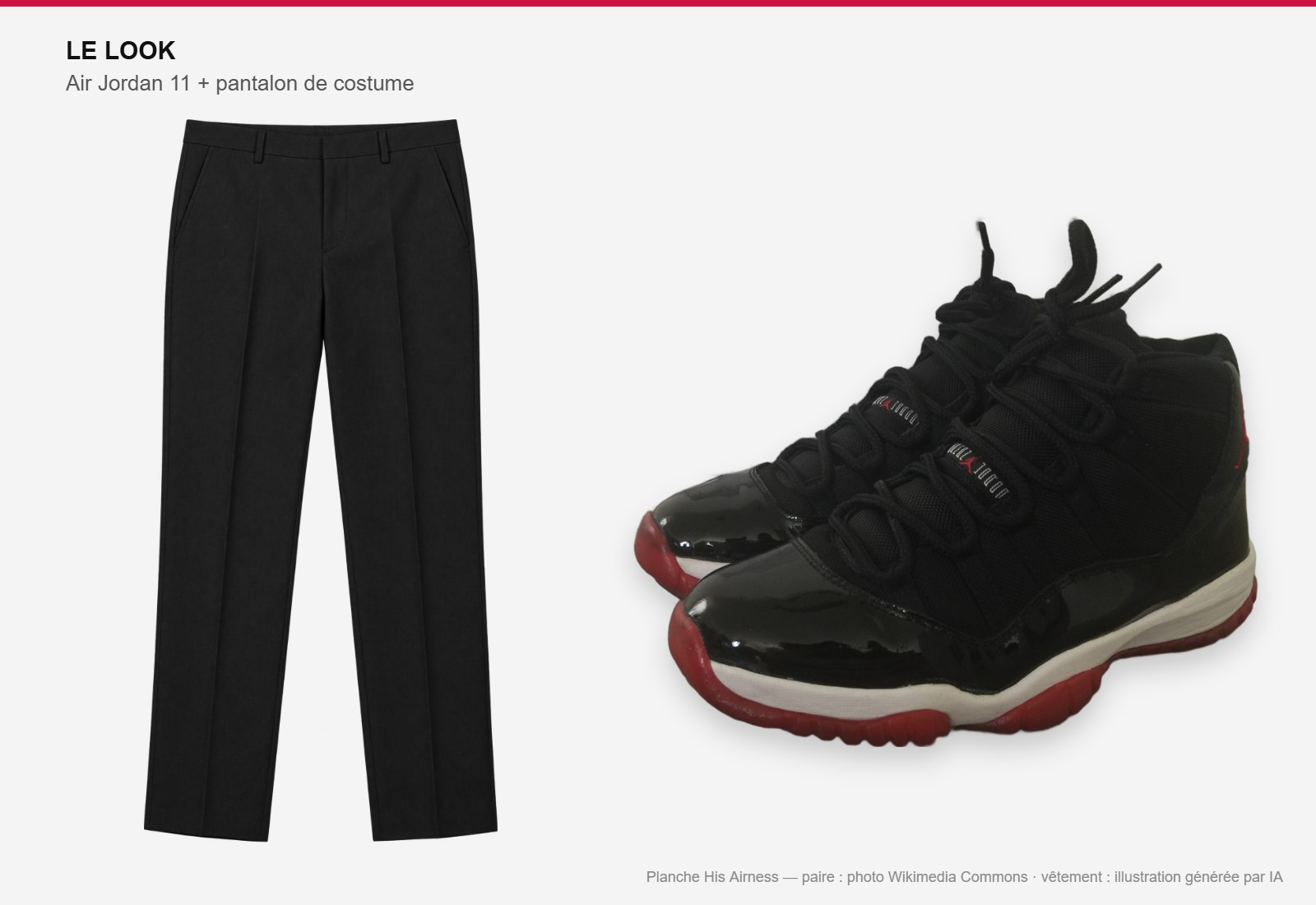 Planche : Air Jordan 11 Bred à côté d’un pantalon de costume noir
