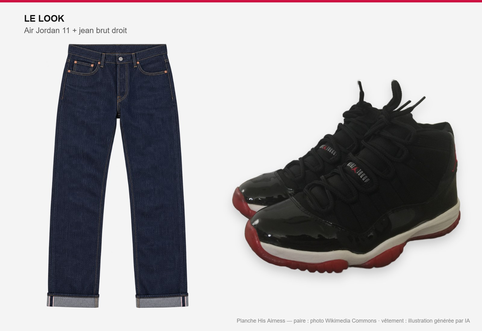 Planche : Air Jordan 11 Bred à côté d’un jean brut droit