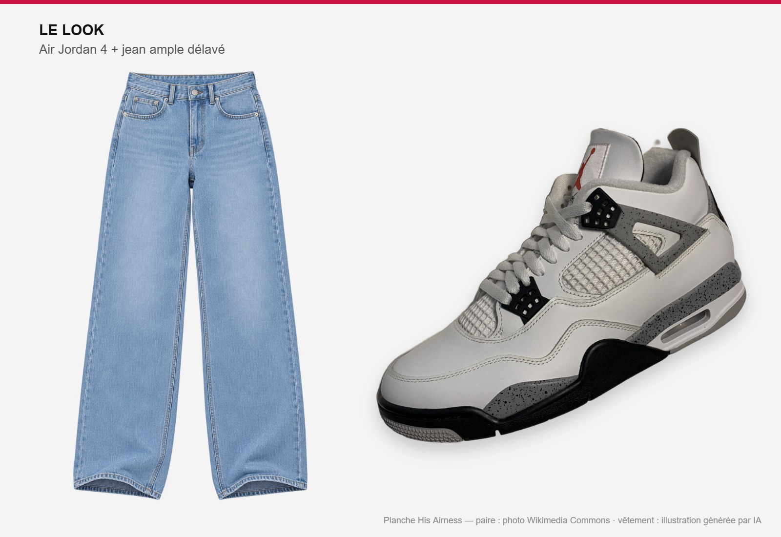 Planche : Air Jordan 4 White Cement à côté d’un jean ample délavé