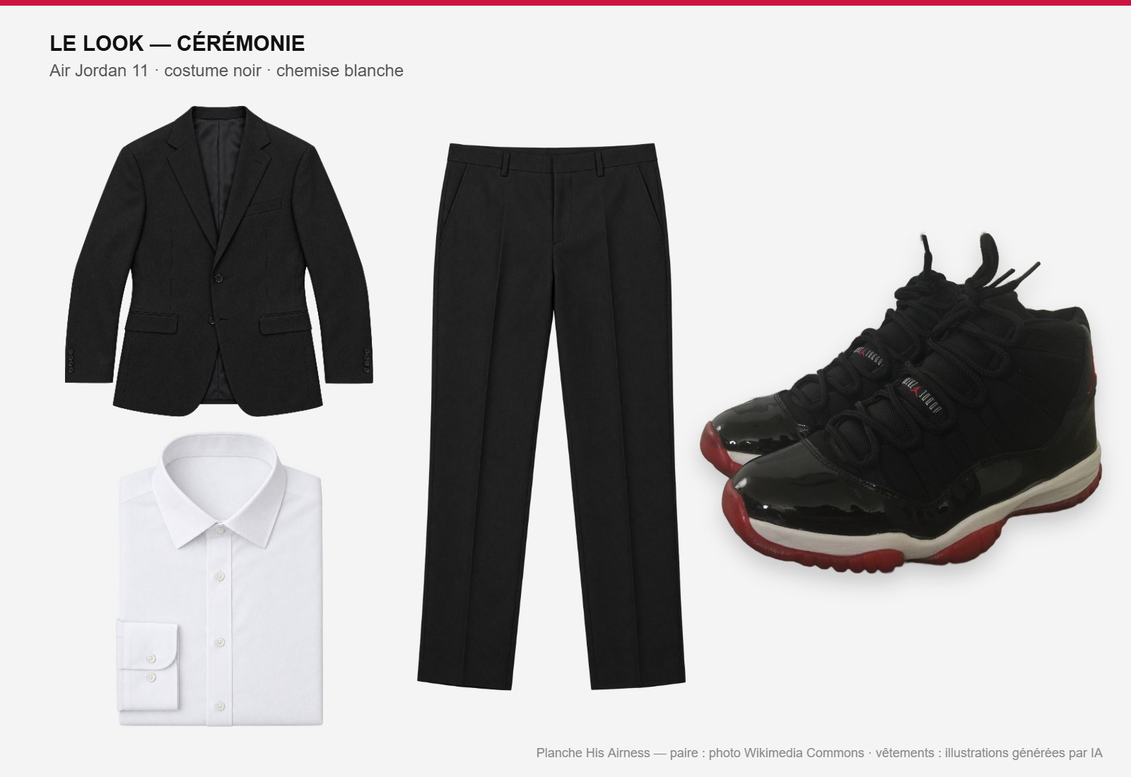 Planche look complet : Air Jordan 11 Bred, costume noir et chemise blanche