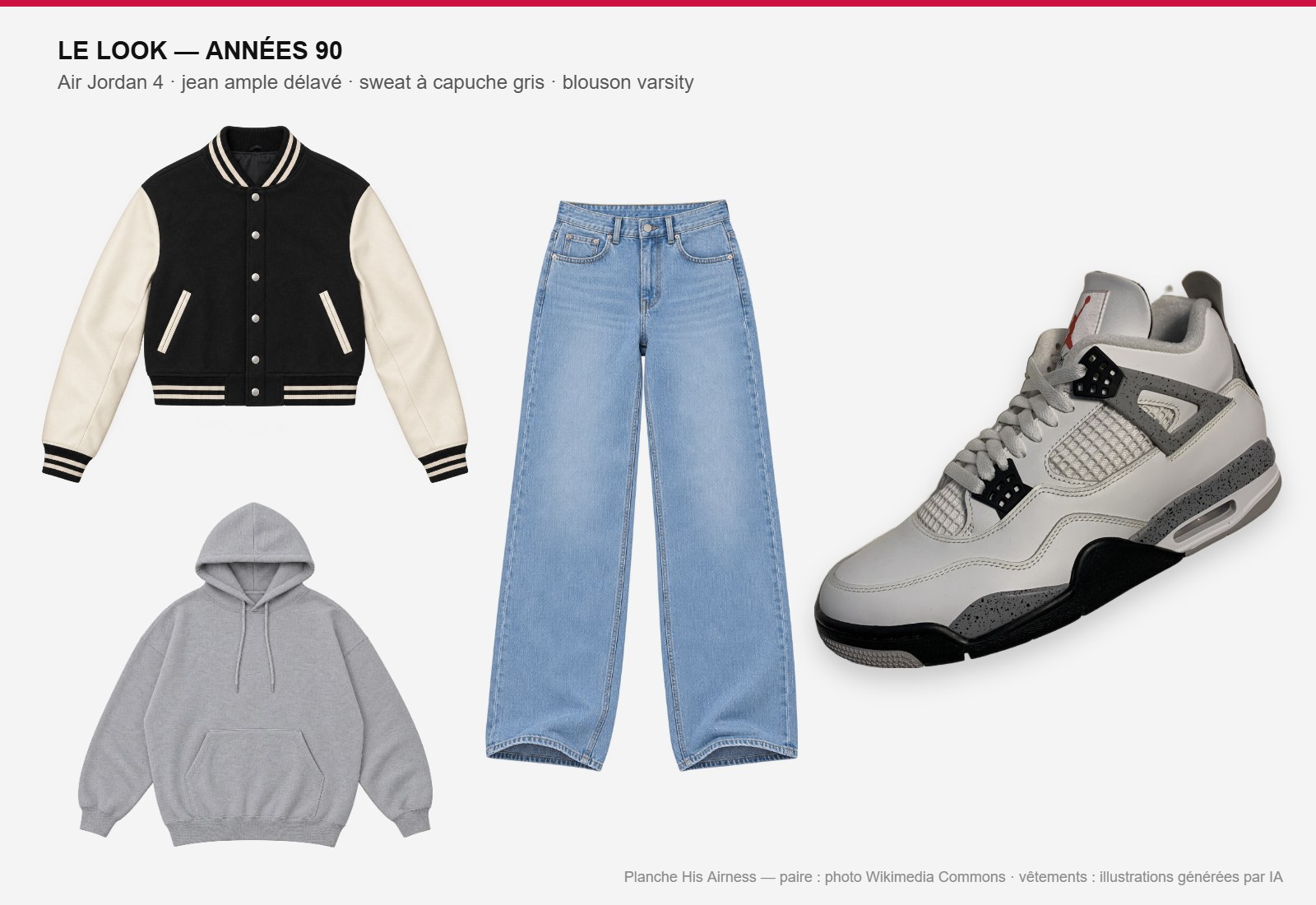 Planche look complet : Air Jordan 4 White Cement, jean ample délavé, sweat à capuche gris et blouson varsity