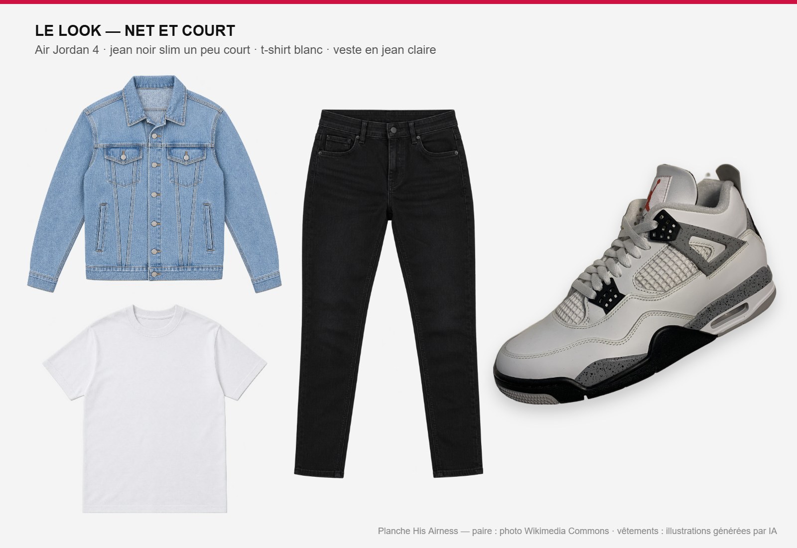Planche look complet : Air Jordan 4 White Cement, jean noir slim, t-shirt blanc et veste en jean claire